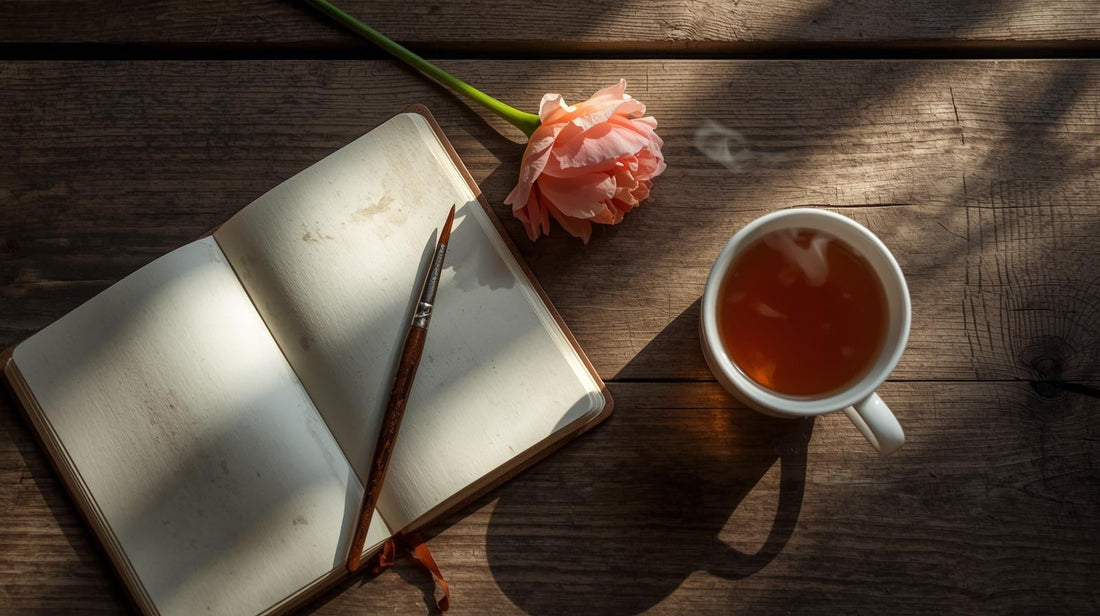 Open blank journal with paintbrush, cup of tea, and pink flower on wooden table in natural morning light inviting mindful journaling, slow living, and creative rebirth.