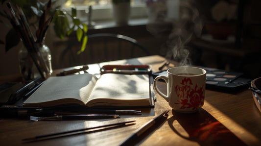 Sunlit journaling and art space with open book, paintbrushes, and warm tea—inviting creative expression, mindfulness, and soul healing.