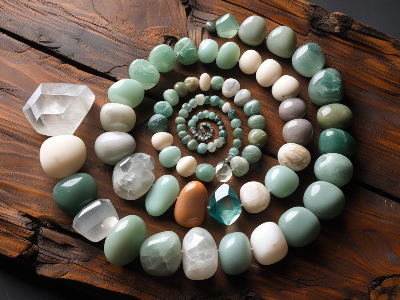 Spiral of green and white crystals arranged on rustic wood, symbolizing balance, energy healing, and spiritual alignment with nature.