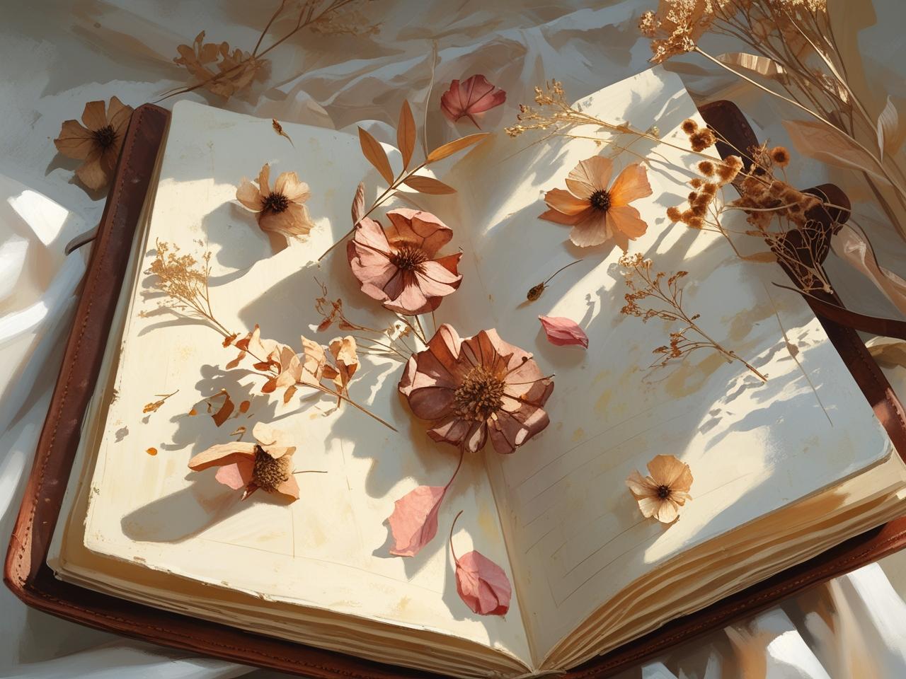 Open vintage-style journal with dried flowers and soft shadows, symbolizing creative journaling, inner healing, and gentle self-reflection