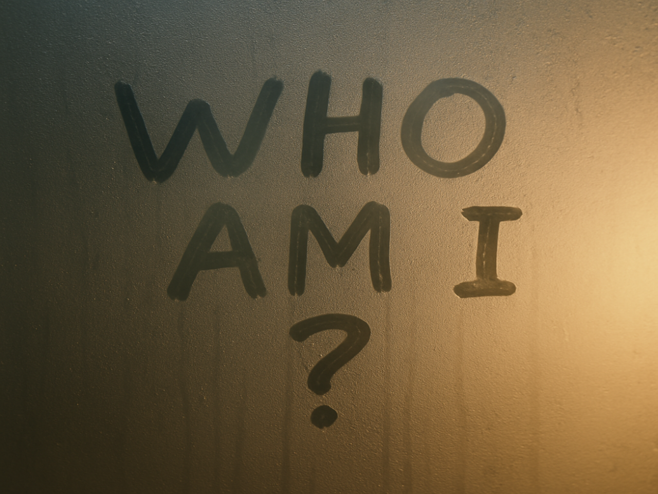 Who am I?’ handwritten on a steamy mirror, symbolizing identity, self-discovery, and emotional healing through reflection.