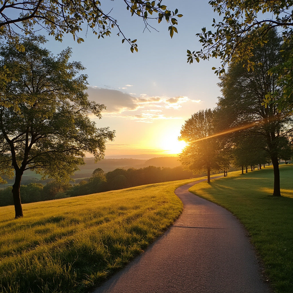 Golden hour path curving through a grassy park with trees, symbolizing healing, spiritual reflection, and personal transformation.